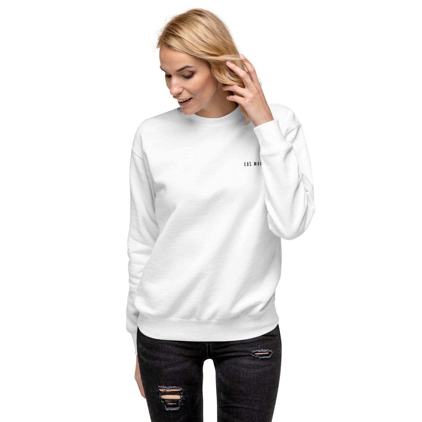 Cat Mom Logo Embroidered Unisex Sweatshirt White
